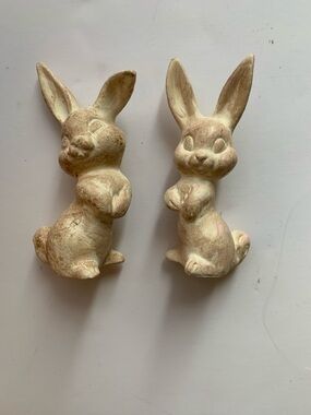 Set of 2 Vintage Chalkware Standing Bunny Figurines - Distressed 4"